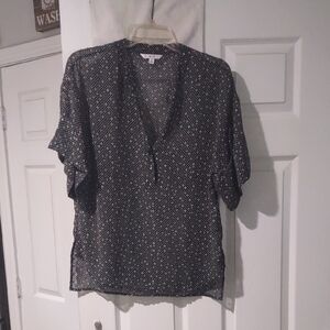 Vintage CAbi 239 Swiss Dot Popover Sheer Blouse Black Floral Size S